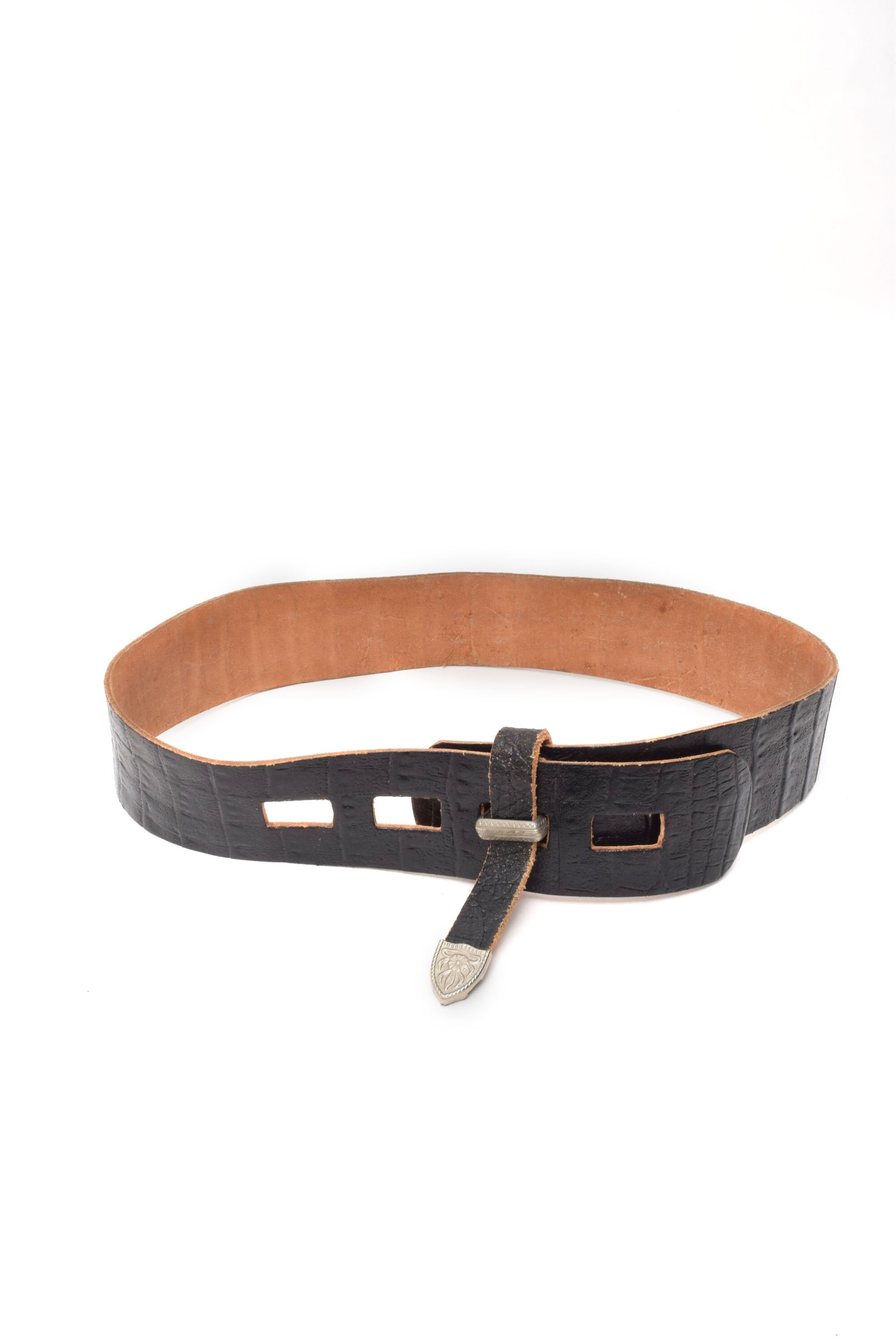 Vintage 90s Black Alligator Leather Belt: Western Silver Tip