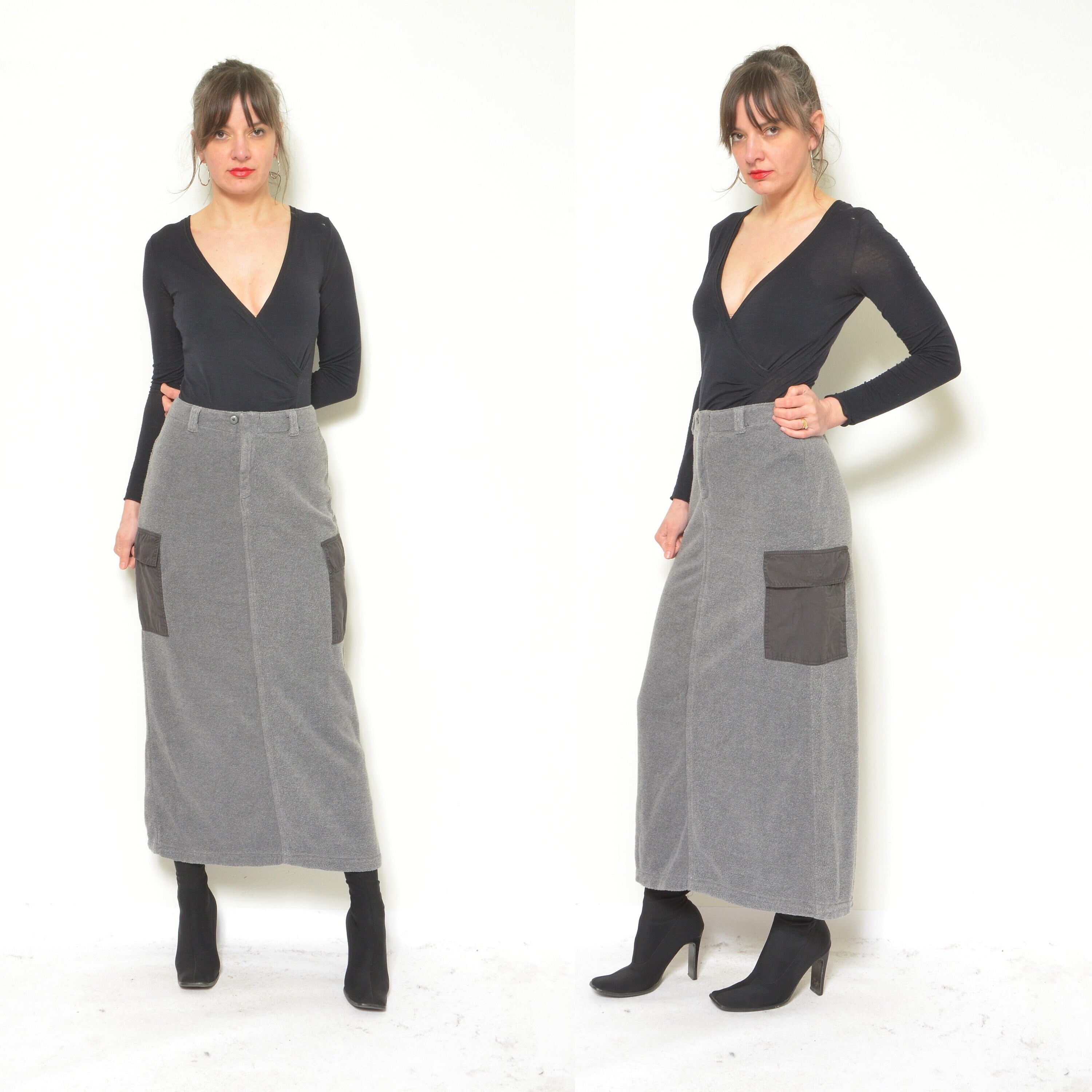 Vintage 90s Fleece Large Side Pockets Maxi Skirt / High Waist Straight - Size Large