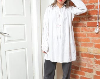 Vintage White Linen Blouse | Cottagecore Folk Top, Puff Sleeves