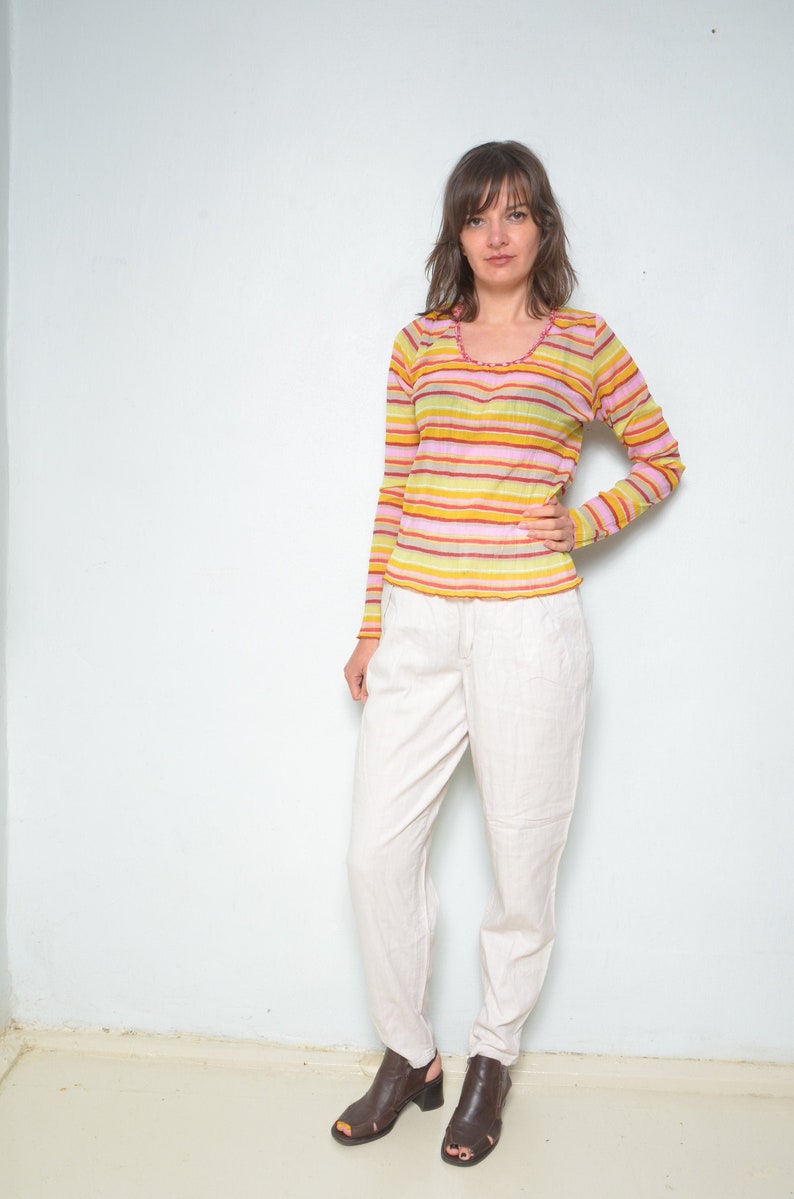 Size Medium Colorful Mesh Top Vintage 90s Long Sleeve Striped Multi Color See Through Blouse