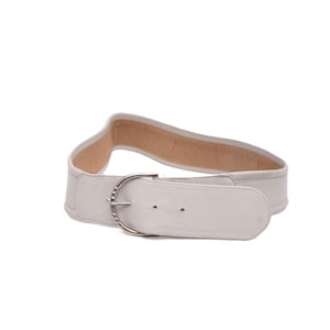 Vintage 80s White Leather Belt with Large Rounded  Silver Metal Buckle Size XS