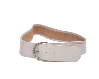 Vintage L Chessler White Wide Leather Belt S/M Silver Buckle  display picture 3
