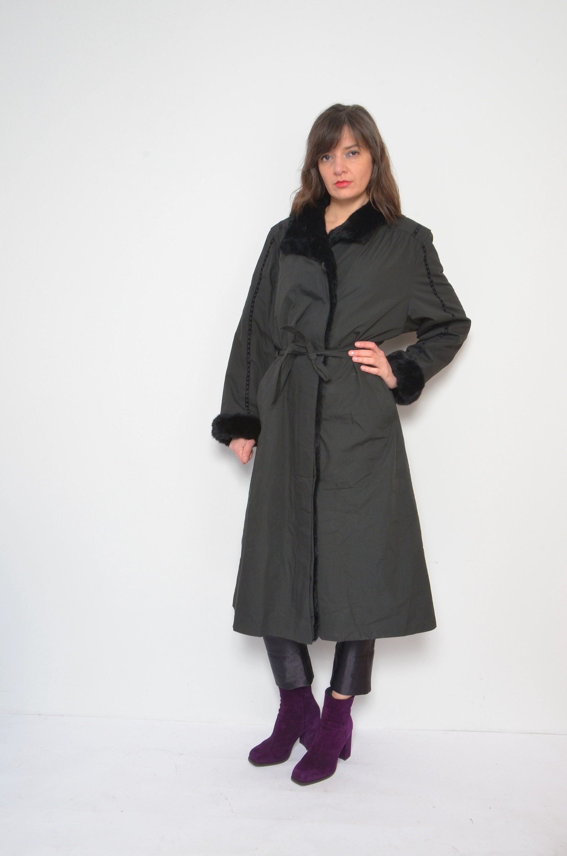 ジャケット・アウター 80s maxi wool long coat vintage 134cm Vintage 80s Black Wool Coat Women Black Wool Coat CEWO Black