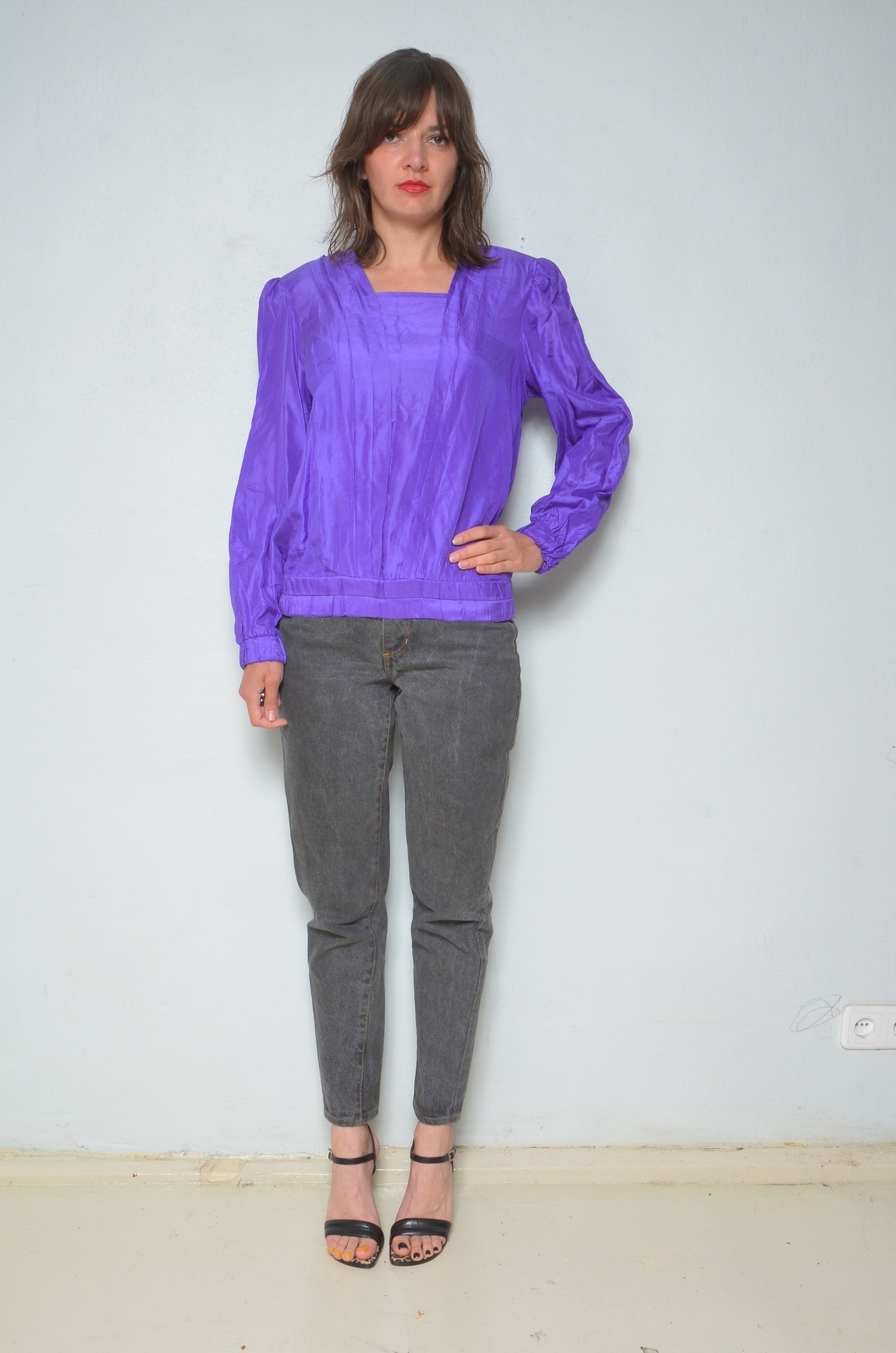 Vintage Purple Off the Shoulder Ribbed Knit Blouse main image 1