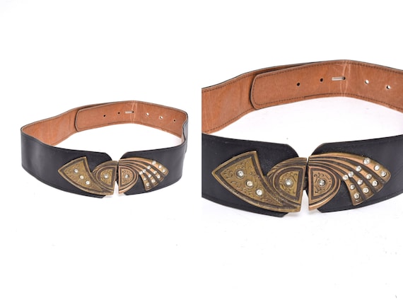 Real Leather Belt Art Deco Metal Belt Buckle Vintage 90s White Leather Belt With Large Gold Art Deco  main image 4