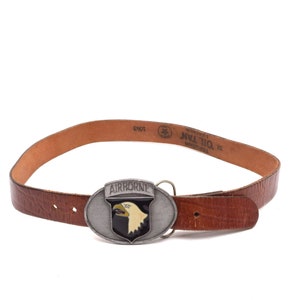 Vintage 90&#39;s 101st Airborne Division US Army Oil Tanned Brown Leather Belt (Made in USA) with Silver Metal Buckle and Airborne Eagle Logo
