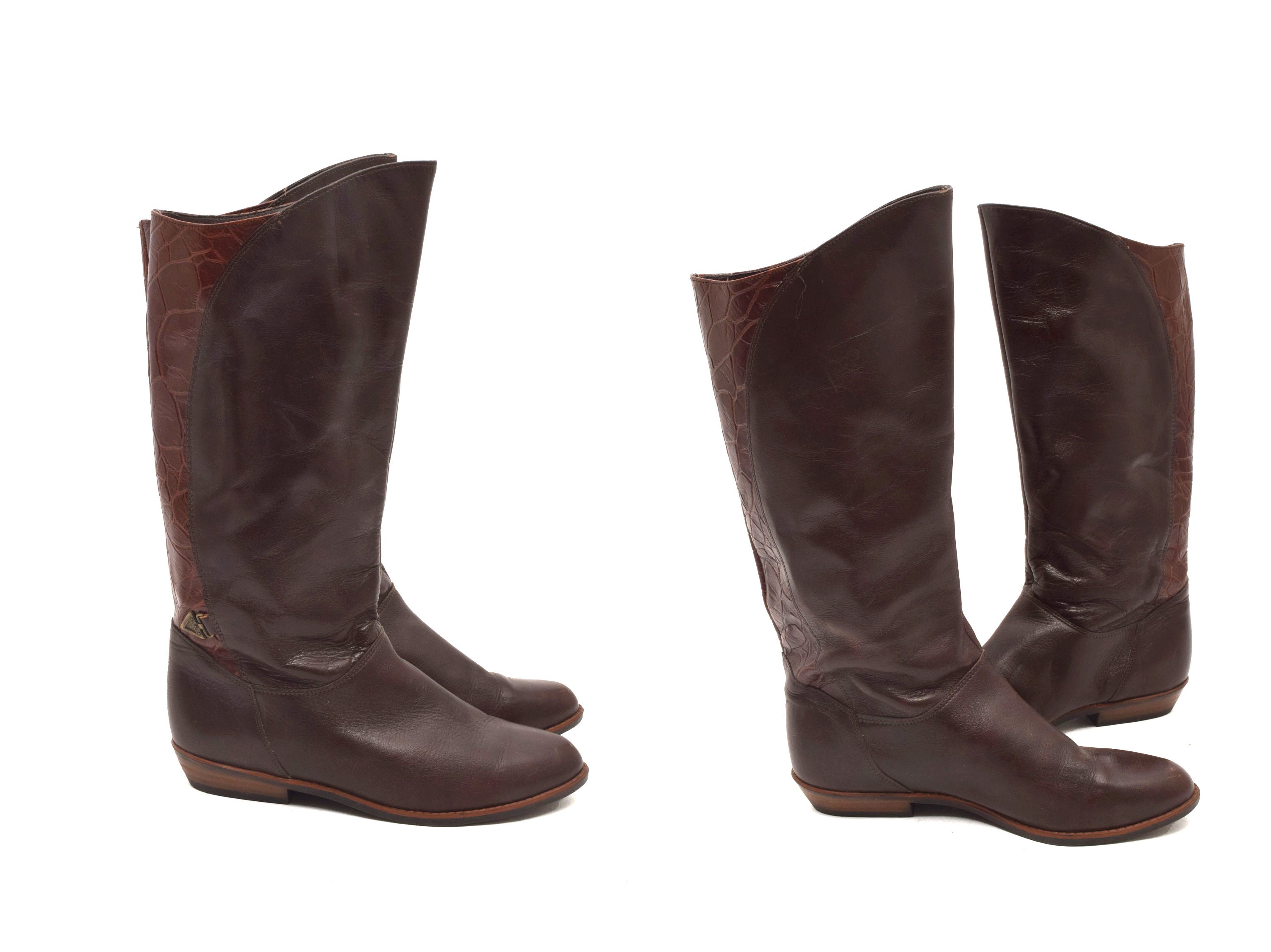 Vintage  80s Brown Leather Tall Boots with Alligator Pattern and Warm Lining