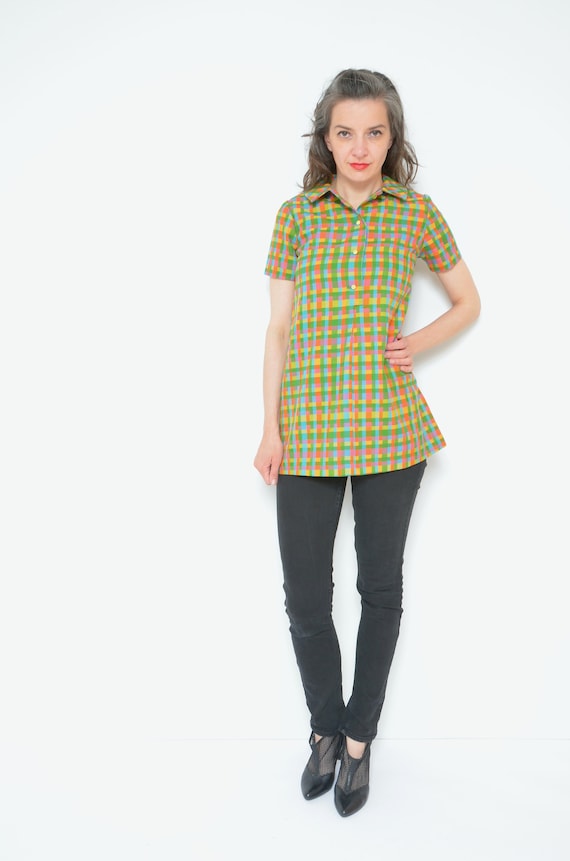 Rainbow Blouse / Vintage 70s Checked Multi Color S