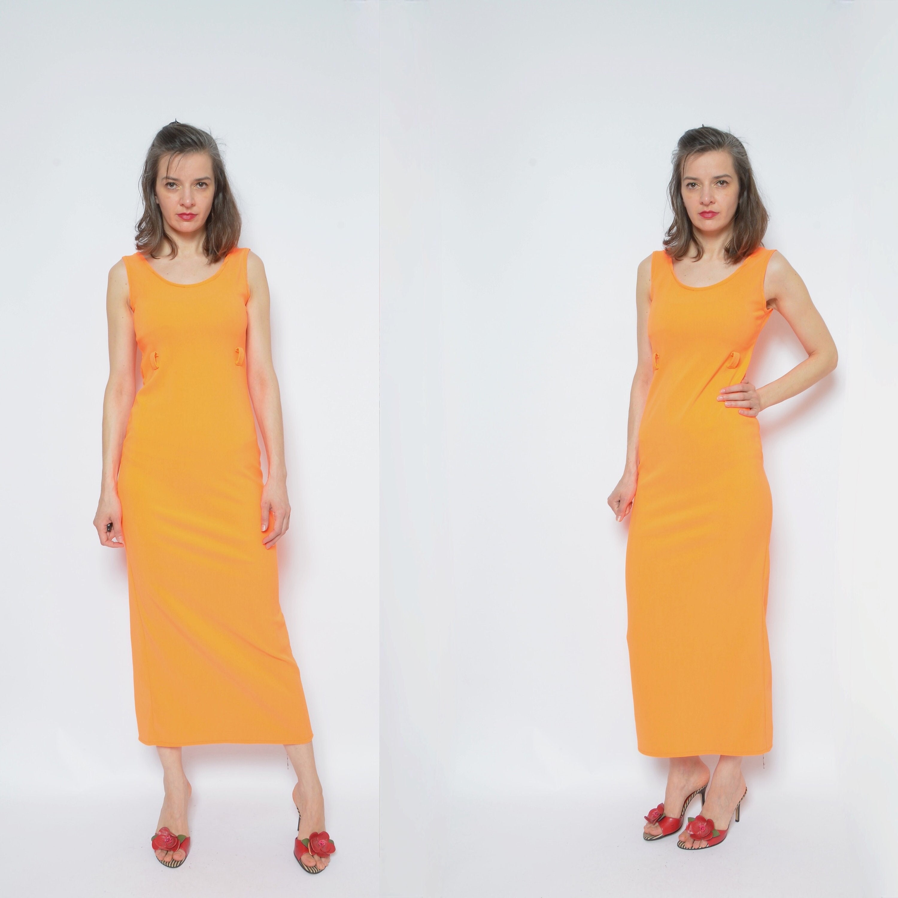 Neon Orange Tight Maxi Dress / Vintage 