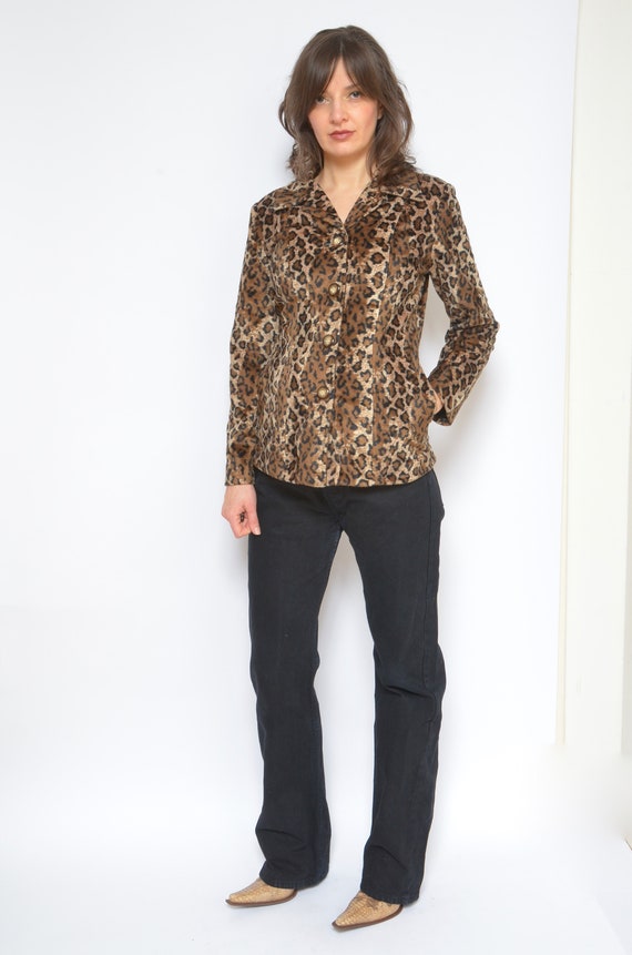 Leopard Faux Fur Blazer / Vintage 90's Button Ani… - image 3