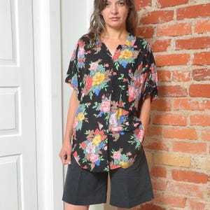 Vintage Oversized Floral Shirt – 80s Black Beige Button Down – Size Large
