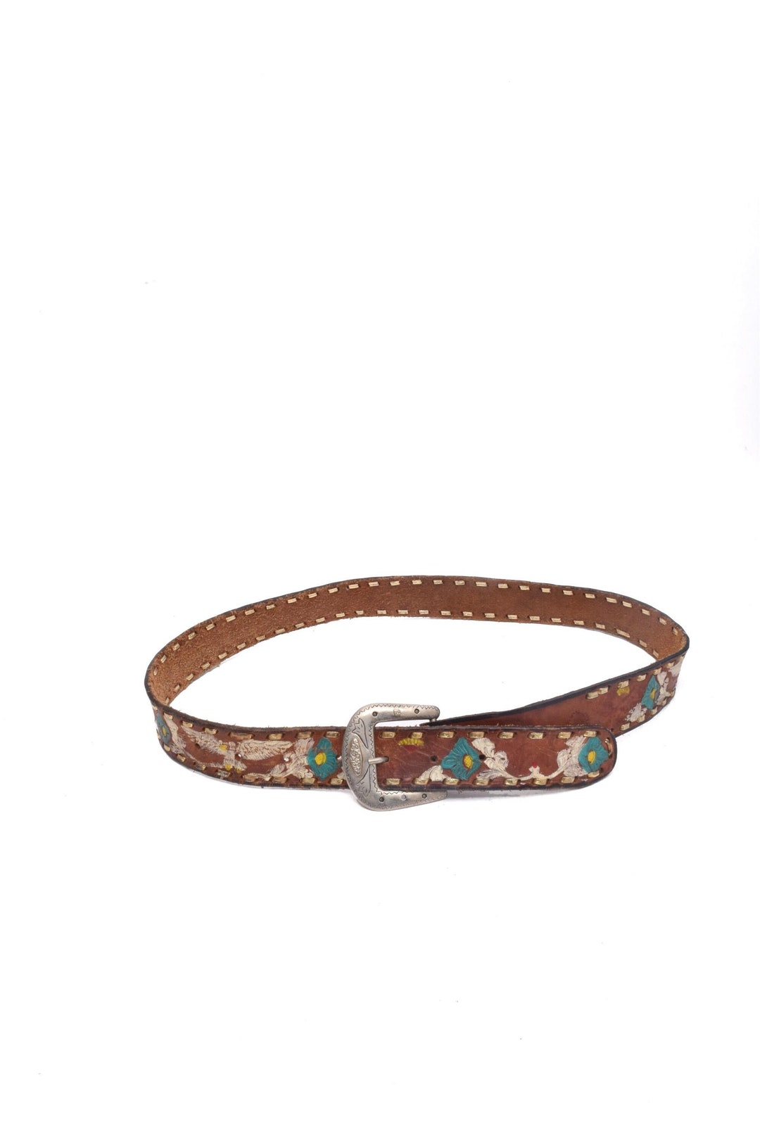 Vintage Brown Leather Belt: Embossed Floral Design, Silver  display picture 1