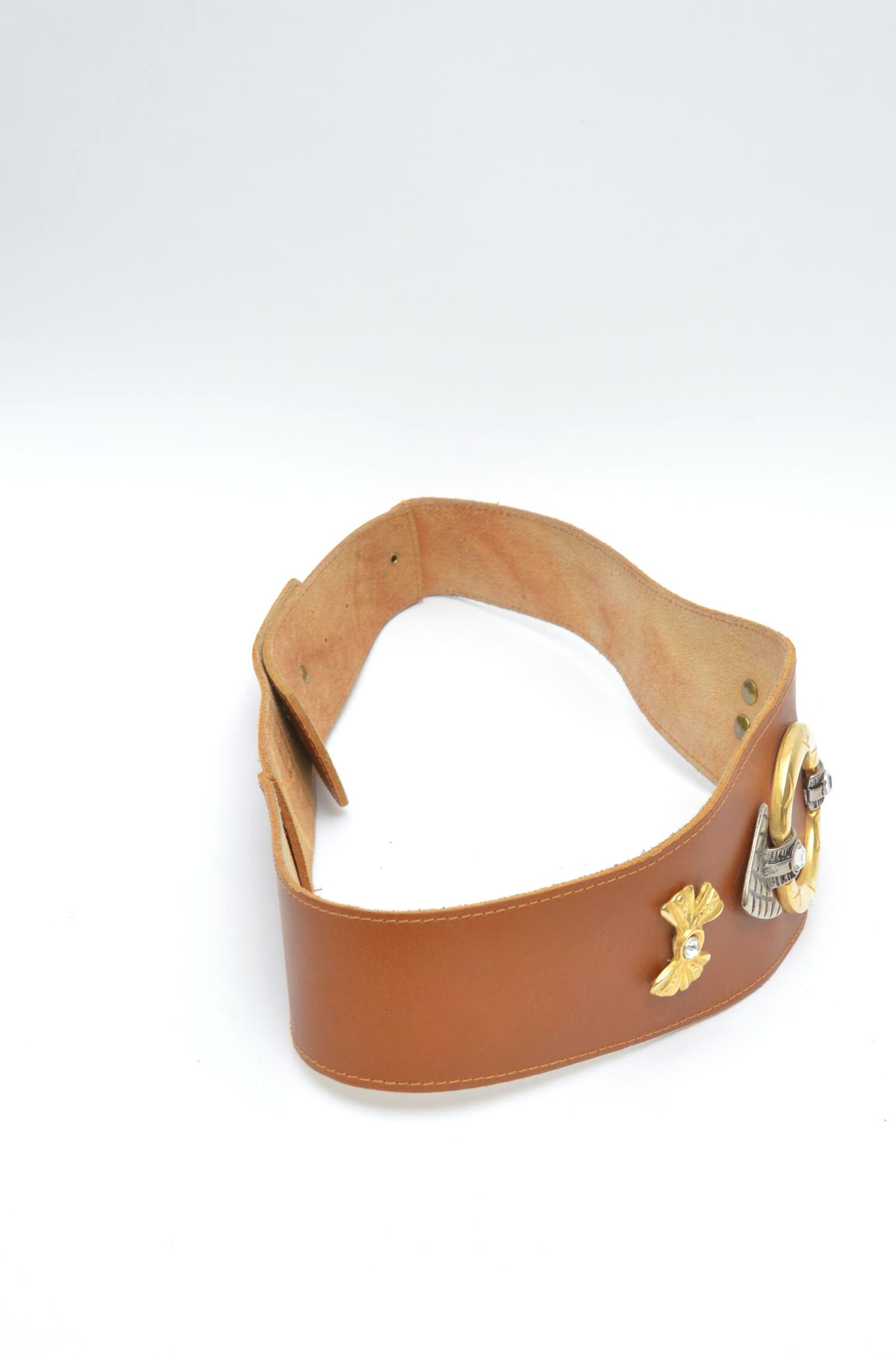 Vintage Brown Leather Wide Belt Gold Rhinestone by Robinia Size 80/Small Vintage Wide Brown Leather Belt With Golden Rhinestones  main image 3