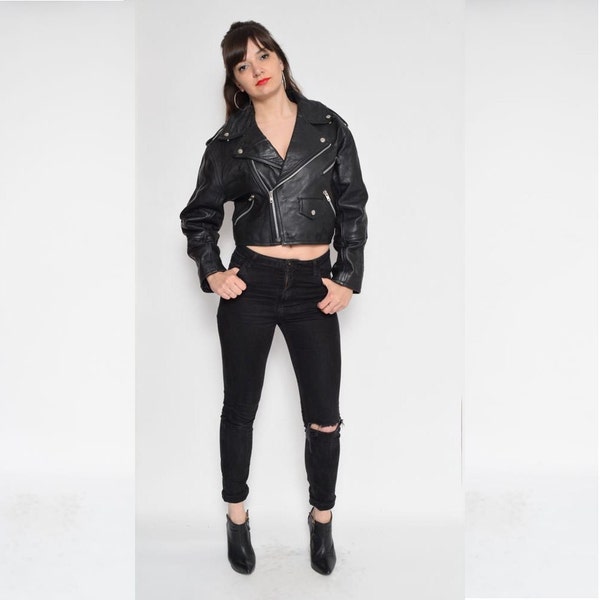 Vintage 90's Motorcycle Black Real Leather Cropped Jacket