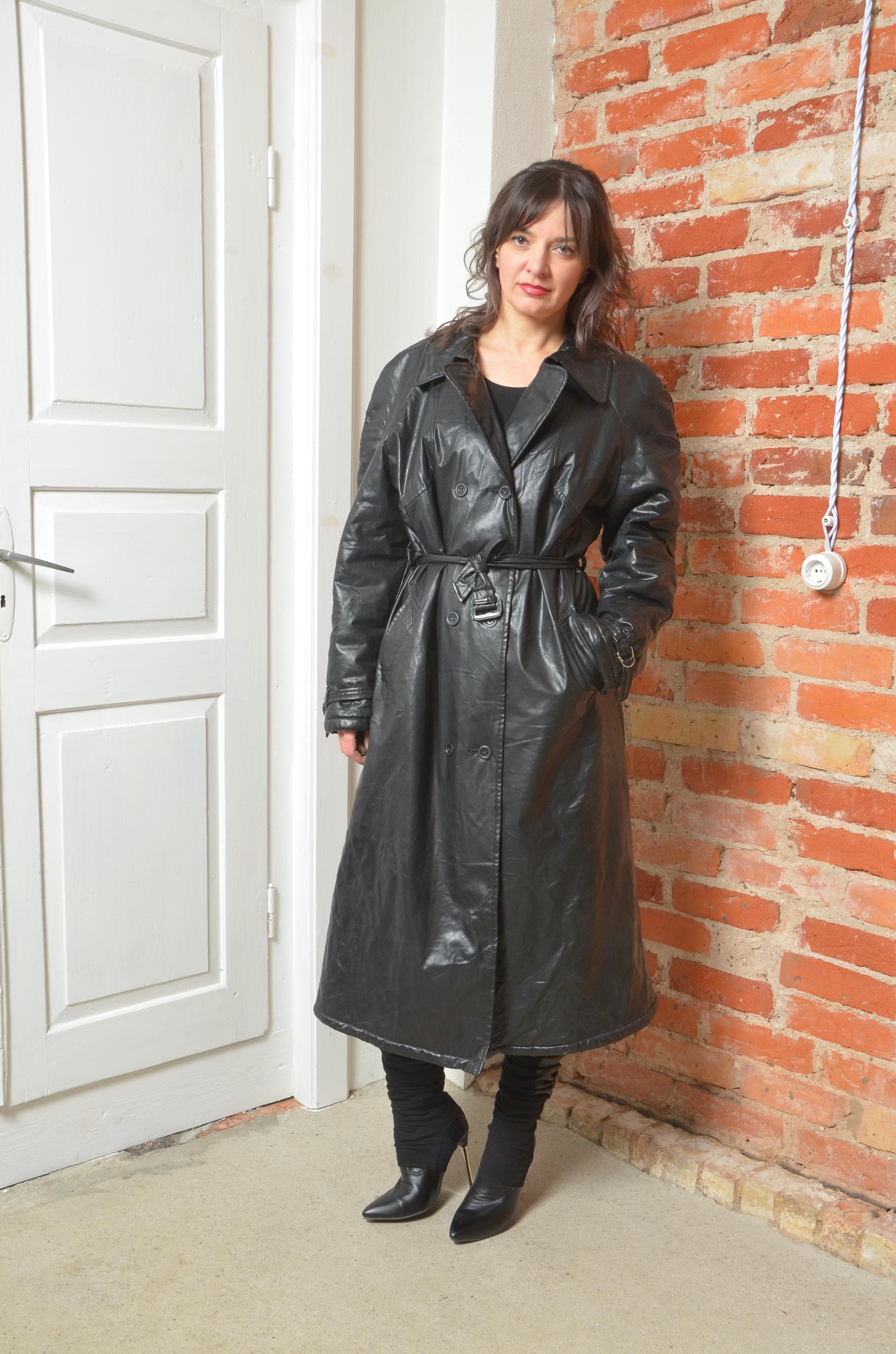 Vintage 80s Faux Leather Trench Coat | Black Belted Coat | Size L
