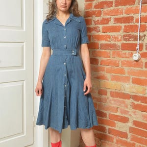 Vintage 70s Denim Shirt Dress – Extra Small Button-up A-line Belted Dress With Pocket