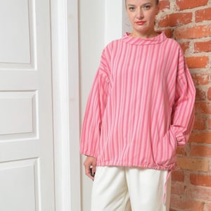 Vintage 80s Pink Striped Oversized Blouse | Long Sleeve Loose Fit Top Size Large