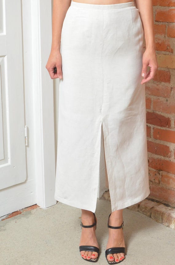 Vintage 90s Minimalist Linen Viscose Midi Skirt – Size 36, Natural