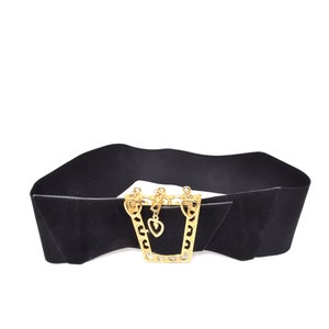 Vintage 90&#39;s Wide Black Velvet Stretch Elastic Belt with Large Gold Buckle with Heart Ornaments
