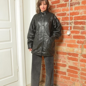 Vintage 80er Jahre Echtleder Oversized Druckknopfjacke mit Warmem Futter - Größe Medium