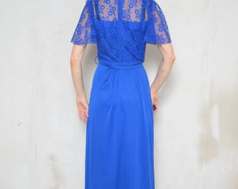 Vintage 80s Blue Lace Maxi Dress: Sheer Sleeve Bohemian Gown
