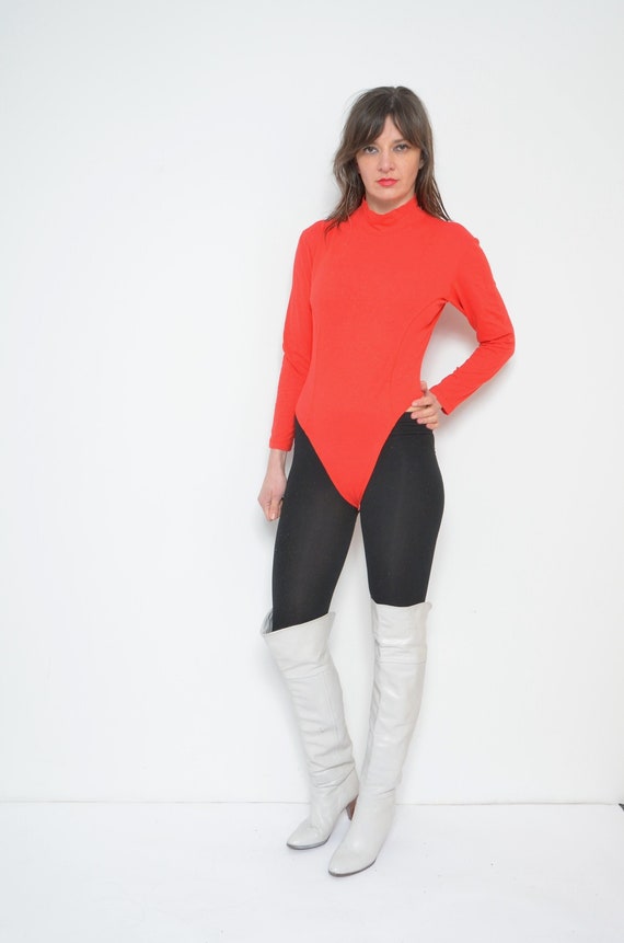 Mock Neck Leotard / Vintage 80s Long Sleeve Bright