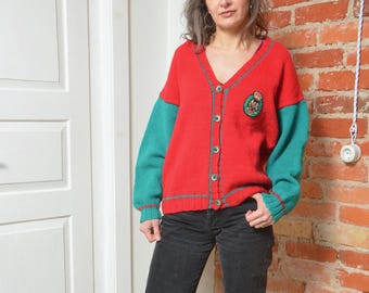 Wool Button Cardigan / Vintage 80s Ribbed Red Angora Sweater - Size Extra Small