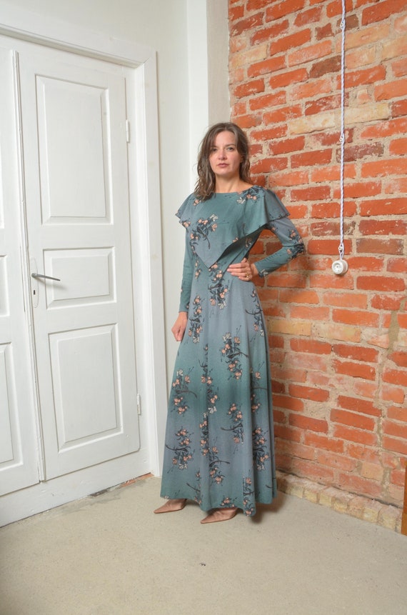 Vintage 80s Floral Big Collar Long Sleeve Maxi Dres - Size M