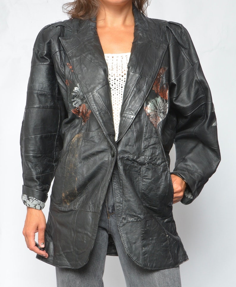 Patchwork Real Leather Oversized Jacket Vintage 80s Big Sleeve One Button Embellished batwing Genuine Leather Jacket Size Small
