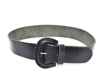 Vintage 90's Wide Black Thick Textured Leather Belt with Leather Buckle