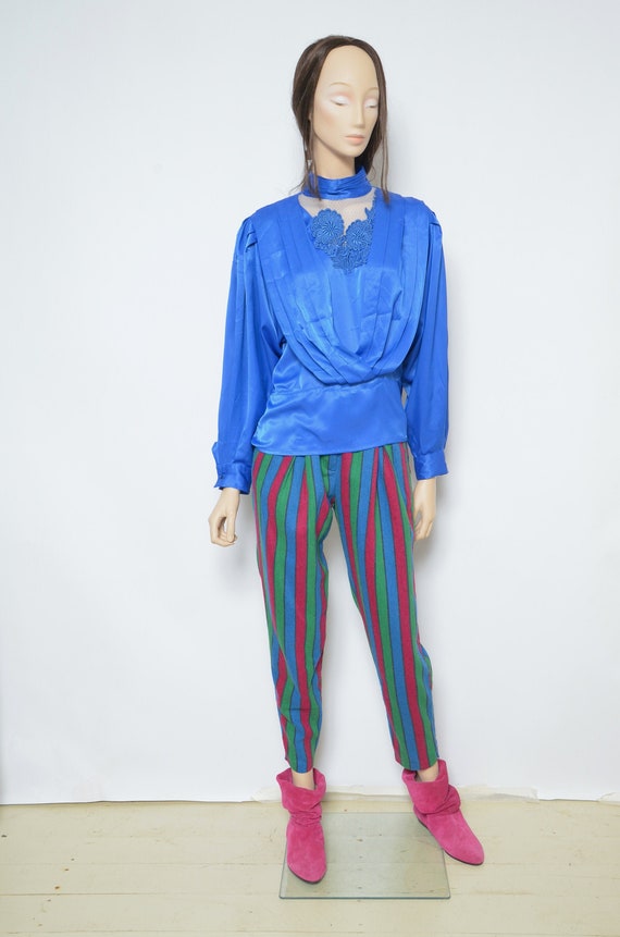 Medium Shiny 80s Shirt 80s Color Block Blouse 80s Bat Wing Sleeves Vintage Color Block Top 90s Satin Blouse