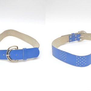 Vintage 1990&#39;s Blue Purplish Leather Belt with Rounded Silver Metal Buckle and Perforated Diamond Shapes