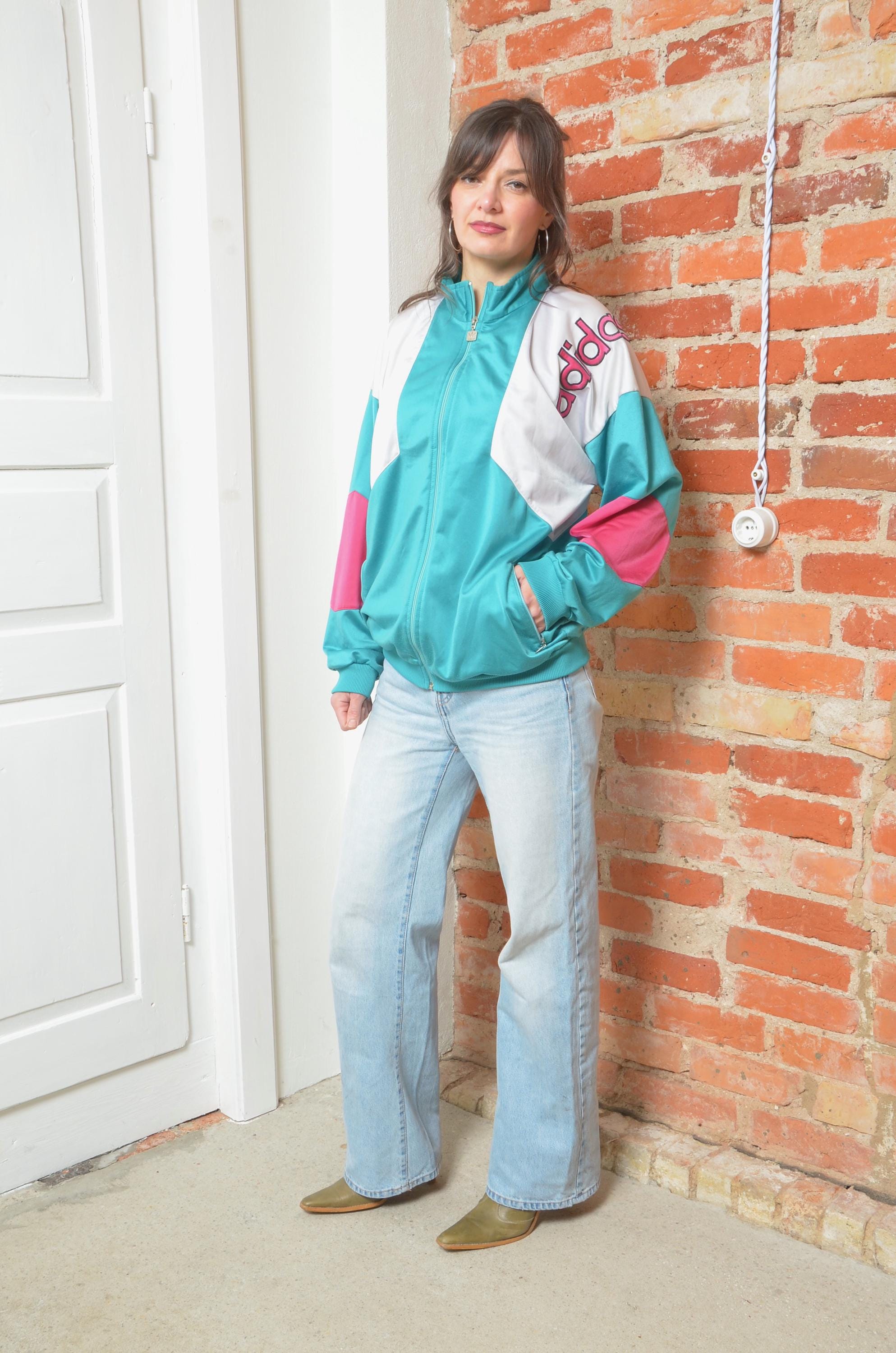 Vintage 90s Colorblock Track Jacket – Turquoise Pink White – Size Large ...