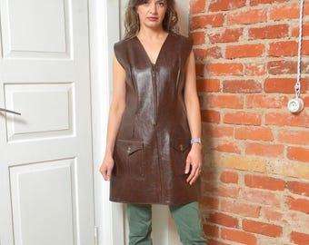 Vintage 70s Brown Faux Leather Zip Dress | Sleeveless A-Line Tunic with Pockets | Size Large