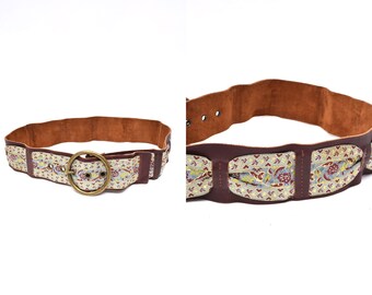 Vintage 90's Wide Brown Leather Belt with Large Round Brass Buckle and Colorful Fabric