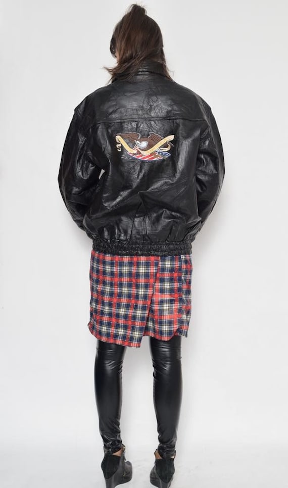 Vintage 80's American Flag Leather Bomber Jacket / Black
