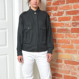 Vintage 90s Betty Barclay Black Utility Jacket – Size 38 – Linen Viscose Blend – Structured Military Style – Minimalist Button Up