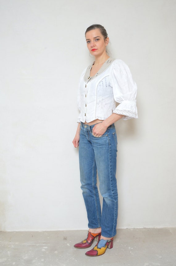 Linen Folk Blouse / Vintage 90s Puffy Big Sleeve … - image 5