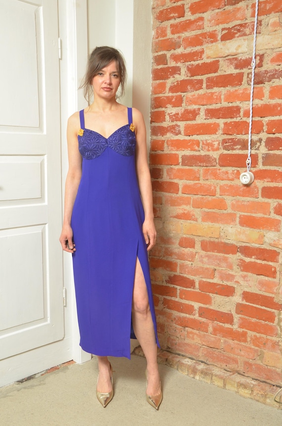 Vintage 80s Bodycon Dress with Lace Bust & Side Slit - Size XL Vintage 80s Bodycon Dress with Lace Bust & Side Slit - Size XL