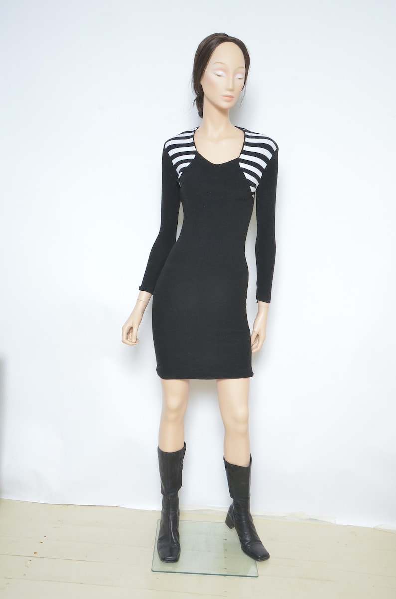 Size Small Ribbed Dress Vintage 90/'s Long Sleeve Striped Tight Dress