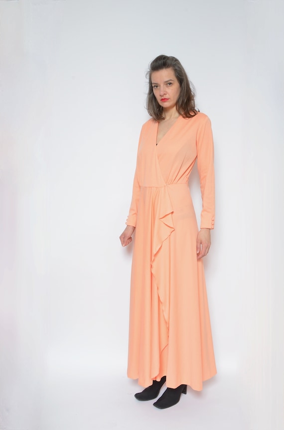 Vintage 70s Ruffled Maxi Dress - Light Orange Long Sleeve Wrap, Medium Vintage 70s Ruffled Maxi Dress - Light Orange Long Sleeve Wrap, Medium