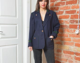Vintage 80s Loden Frey Wool Blazer Large Navy Green Trim Jacket
