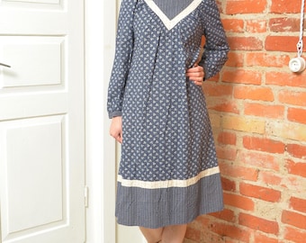 Vintage 70s Prairie Floral Midi Cottagecore Blue Long Sleeve Small