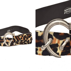 Vintage 80&#39;s  Brown Fur Leopard Pattern Wide Belt and Large Silver Hook Style Buckle