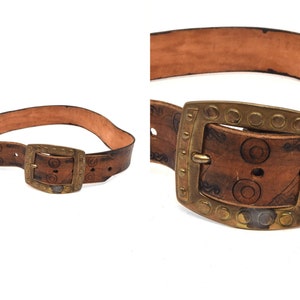 Vintage 90&#39;s Brown Wide Embossed Real Leather Belt with Large Brass Buckle