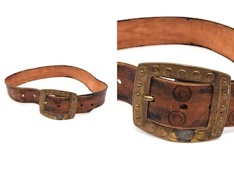 Vintage 90's Brown Wide Embossed Real Leather Belt with Large Brass Buckle