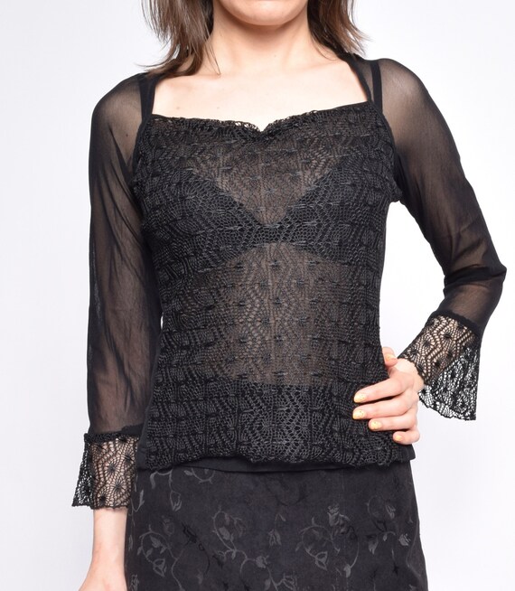 全国送料無料 90's Vintage Black Through See Sleeve Long / Top Lace Sheer トップス