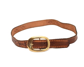 Vintage 90's Brown Embossed Leather Western Style Belt with Large Gold Oval Buckle