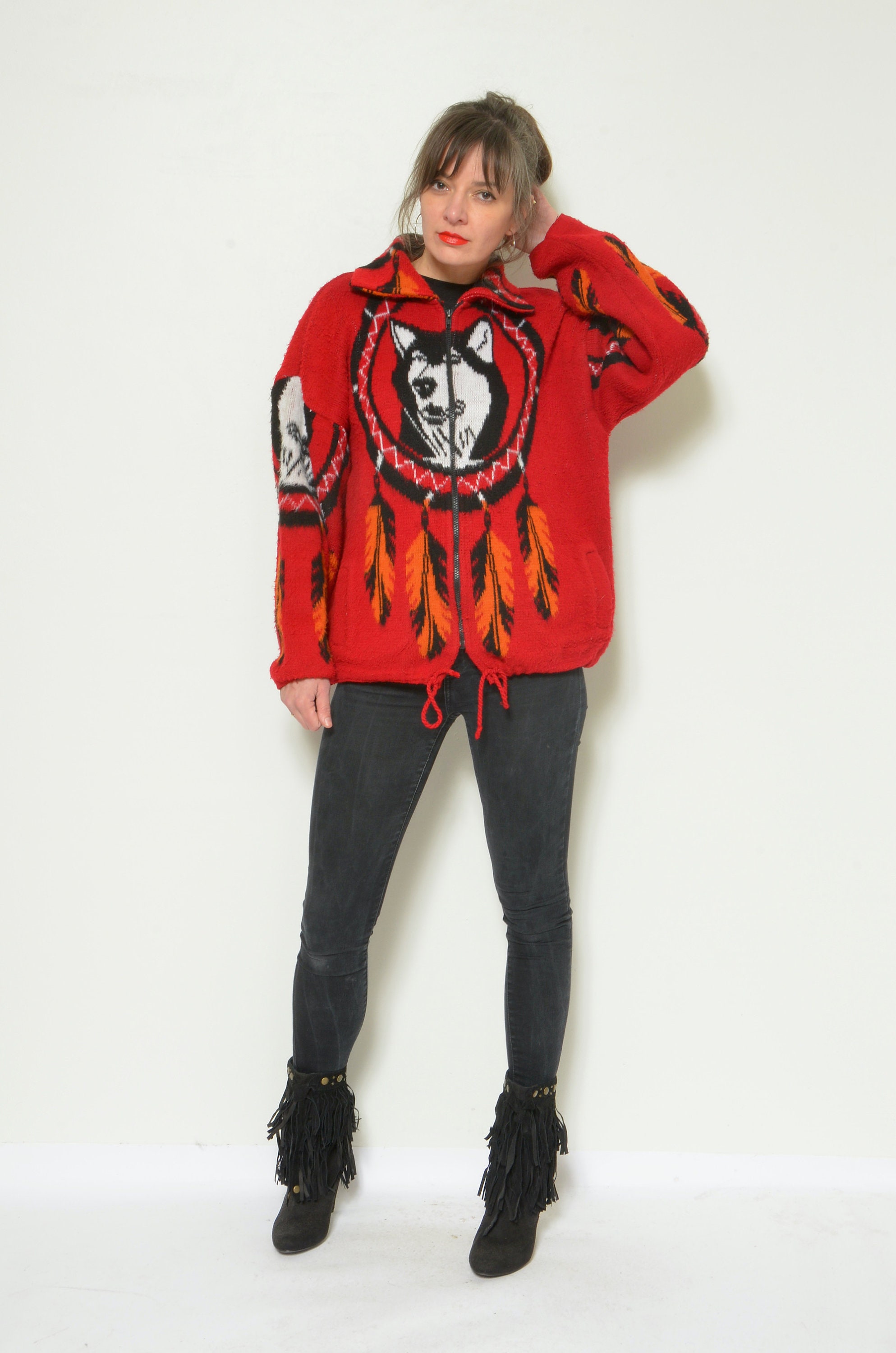 Husky Jacket / Vintage 90s Zipper Native American Style Cardigan 