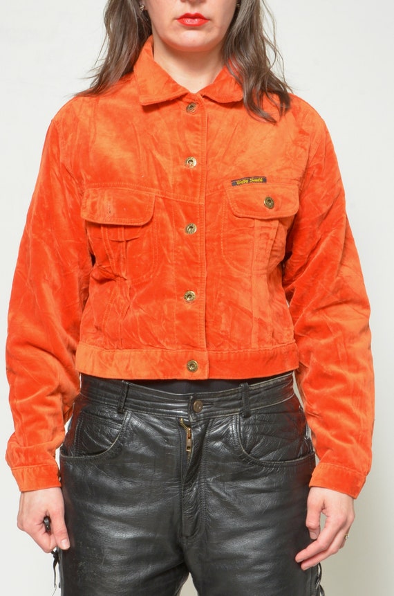 Velvet Cropped Jacket / Vintage 90s Orange Button… - image 6